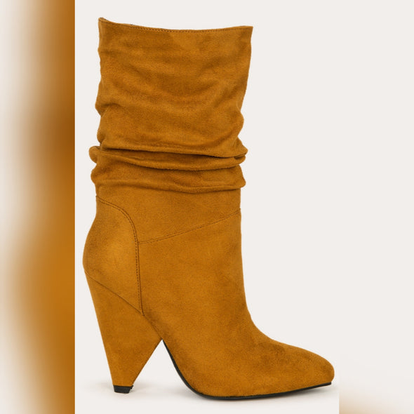 Pointy Toe Ruched Mid Calf Boot